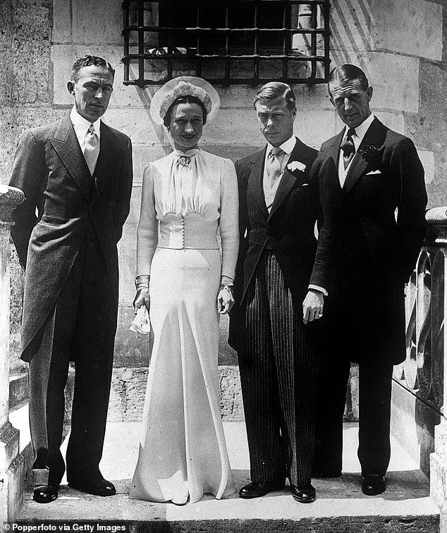 The Duke and Duchess are seen on their wedding day alongside Edward's best man, Edward 'Fruity' Metcalfe (right) and businessman Hermann Rogers, whom Wallis later had an affair with