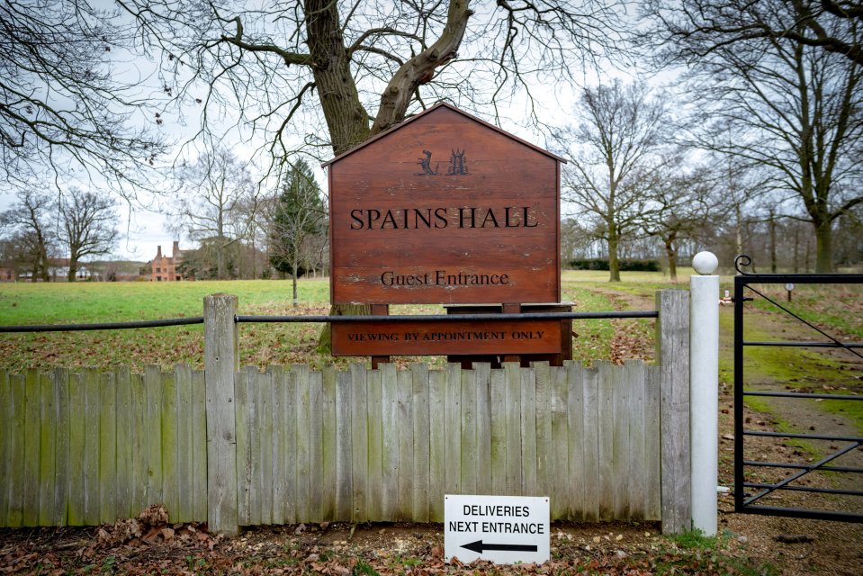 Spains Hall guest entrance sign; viewing by appointment only.  Deliveries next entrance.