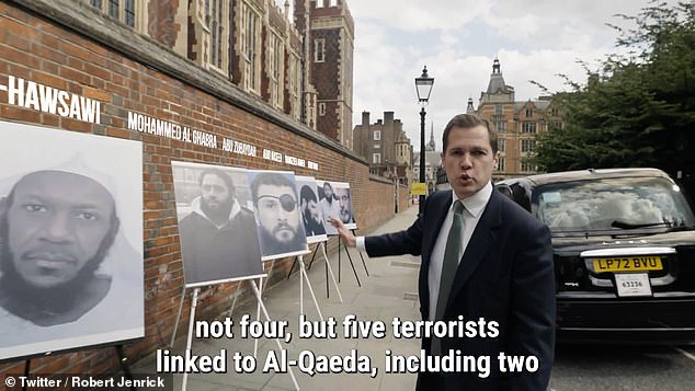 Jenrick stood in front of a line of ten easels and listed a series of controversial clients including Shamima Begum and Gerry Adams