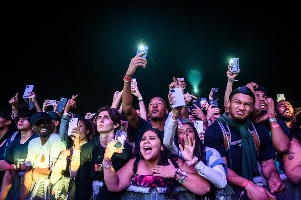 Crowd at a music festival holding up phones.
