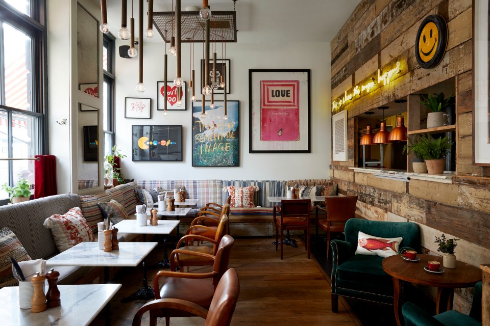 Interior of a cafe with eclectic decor.