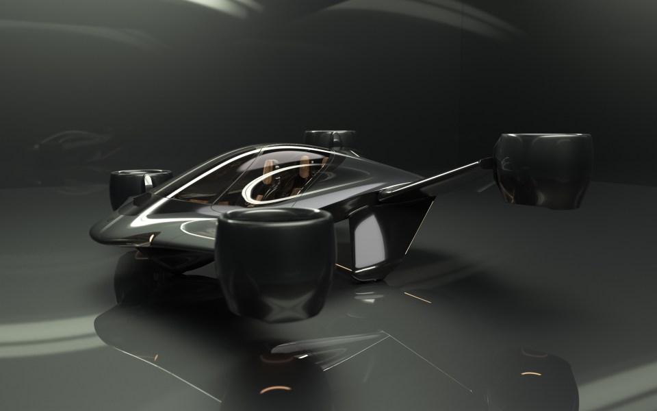 Illustration of a sleek, black electric vertical take-off and landing (eVTOL) aircraft.