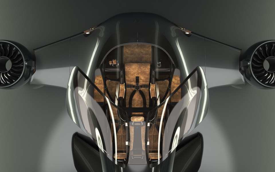 Illustration of the interior of a sleek, futuristic aircraft.