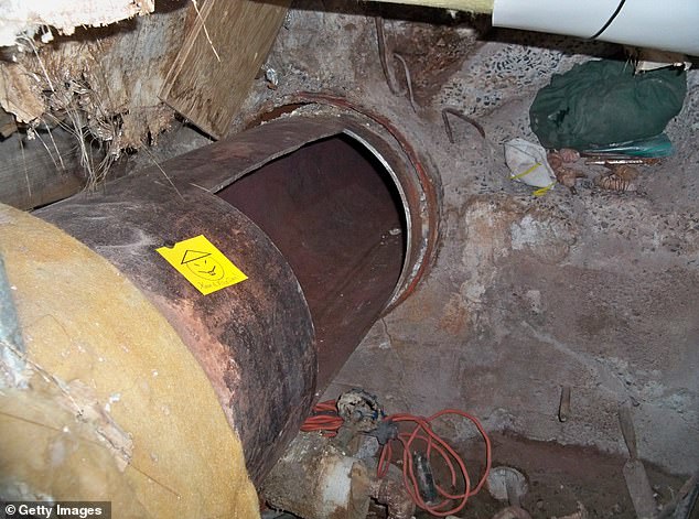 The duo left a note (pictured above) for authorities to later find on one of the metal pipes they had cut through that said 'Have a nice day' alongside a smiley face