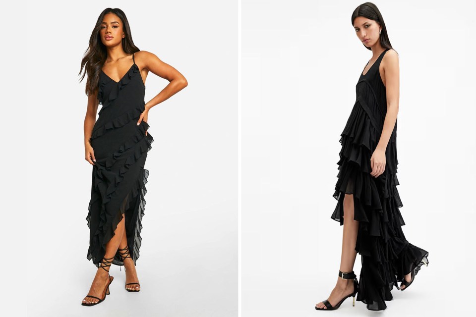 Two models wearing black ruffled maxi dresses.
