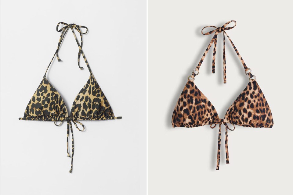 Two leopard-print bikini tops; one with embellishments.