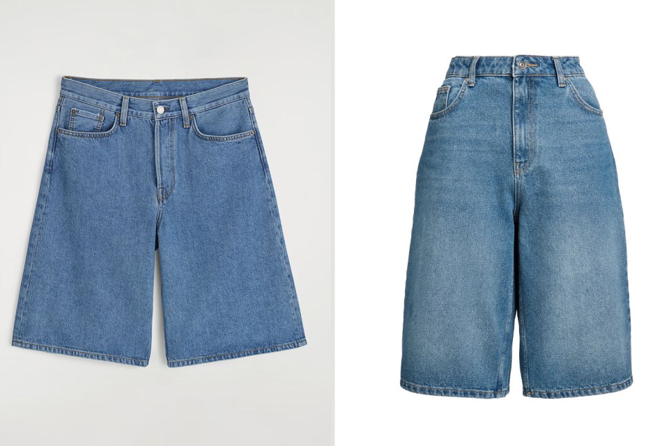 Two pairs of light wash denim shorts.