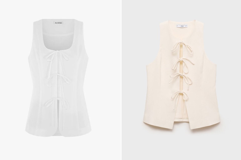 Two sleeveless tops with laces tied in bows down the front.
