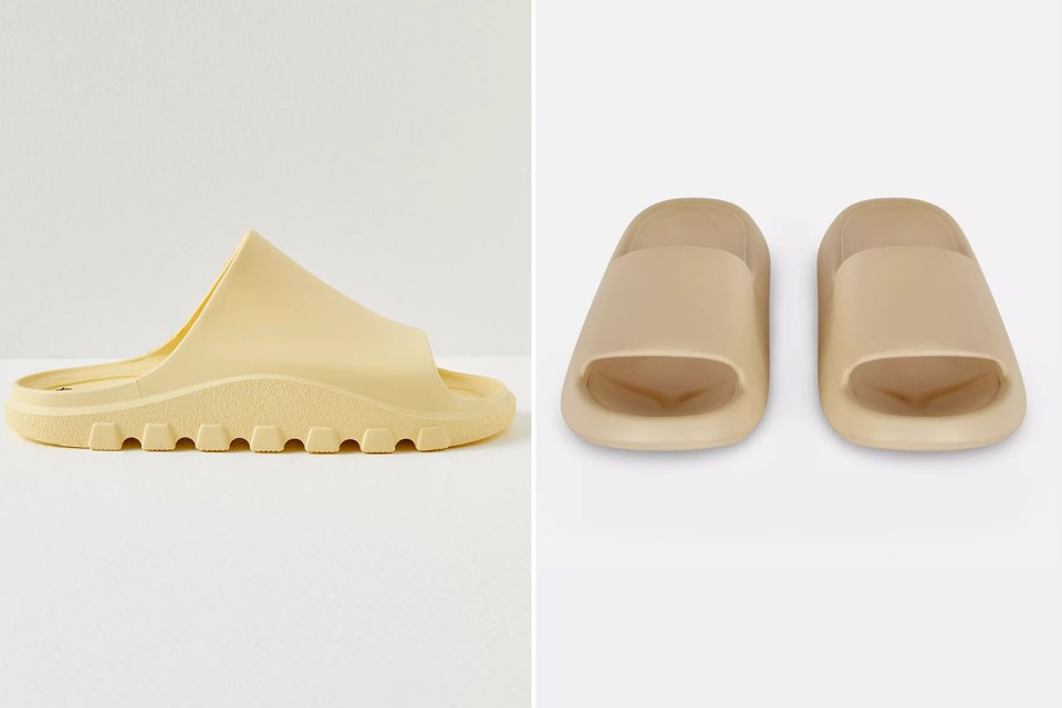 Two pairs of slides in different shades of beige.