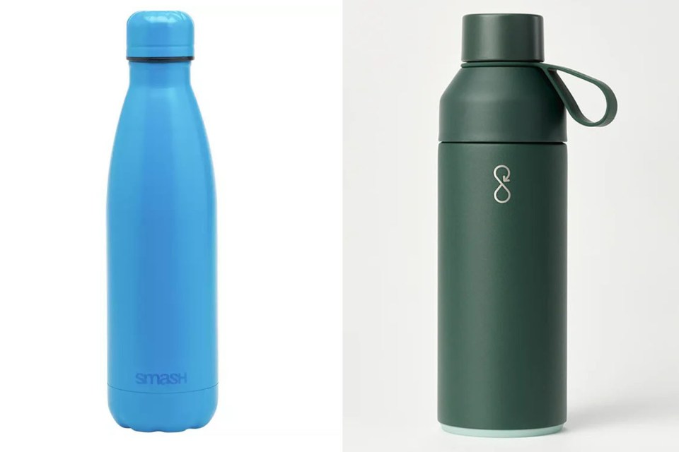 Two reusable water bottles; one blue, one green.