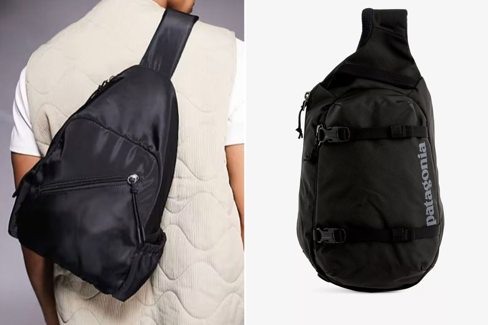 Comparison of two black sling bags.