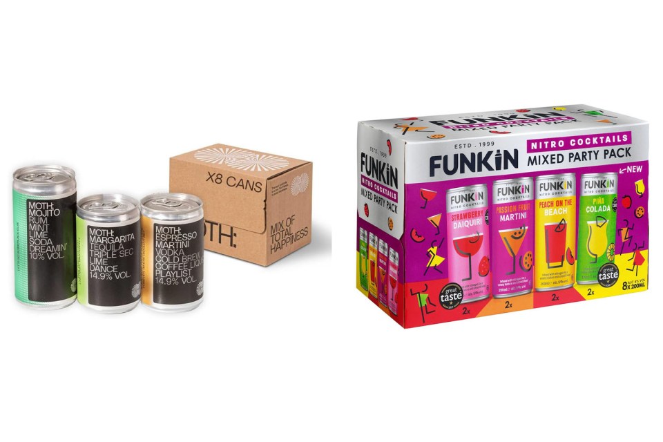 Two 8-can packs of ready-to-drink cocktails.