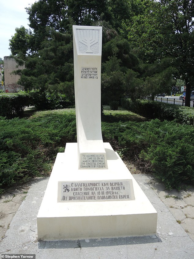A Jewish memorial which is inscribed with a menorah which reads: 'To all who helped save us on March 10, 1943. From the grateful Jewish community of Plovdiv'