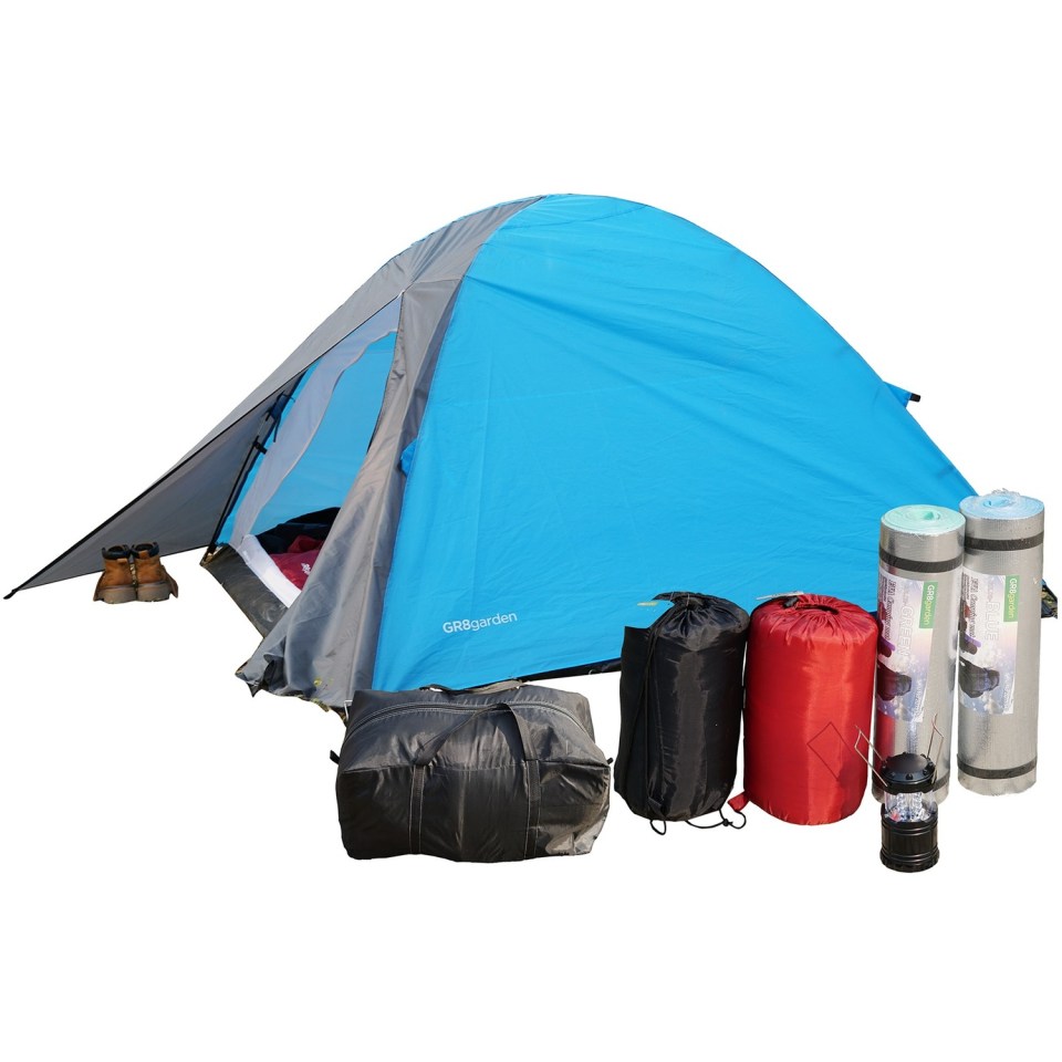 Camping gear including tent, sleeping bags, sleeping mats, and lantern.