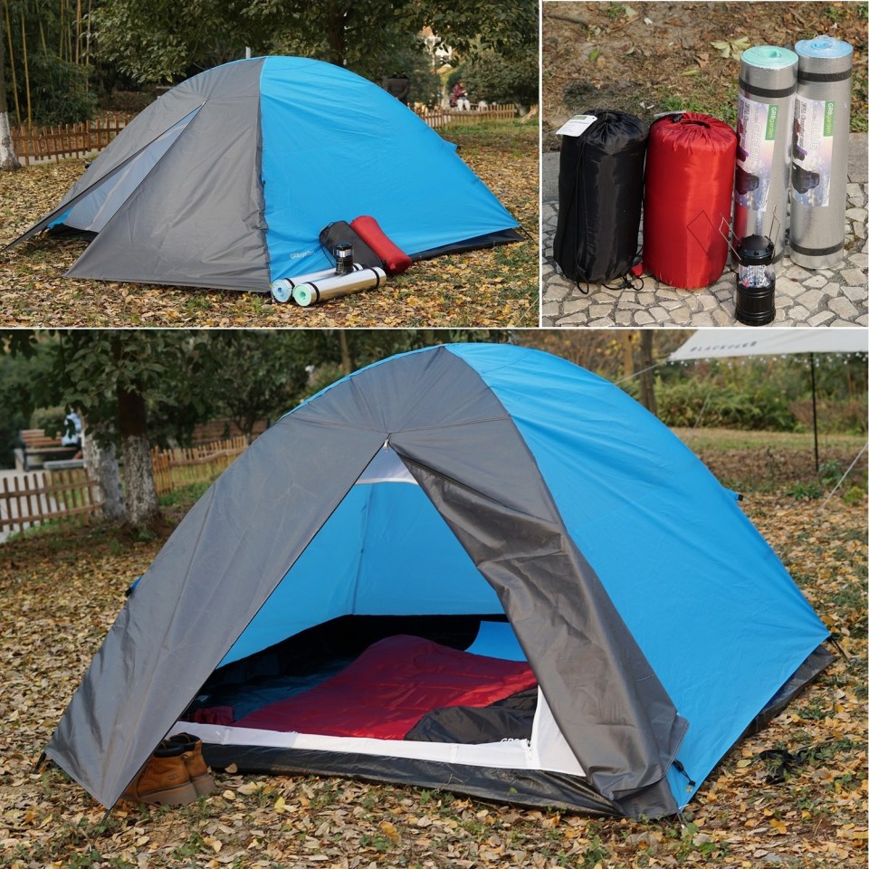 Collage of a blue and gray camping tent with sleeping bags and pads.