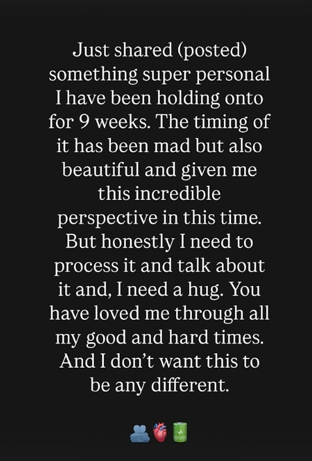 Later reflecting on her news, Jessie wrote on her Instagram Story: 'Just shared (posted) something super personal I have been holding onto for 9 weeks'