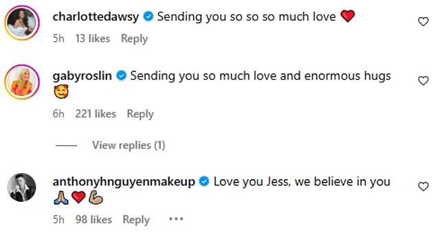 Jessie's celeb pals including Rita Ora and Marvin Humes flooded her post with supportive comments and well wishes