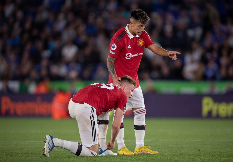 Manchester United's Scott McTominay and Lisandro Martinez on the soccer field.