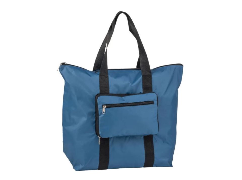 Blue foldable tote bag with a smaller zippered pouch.