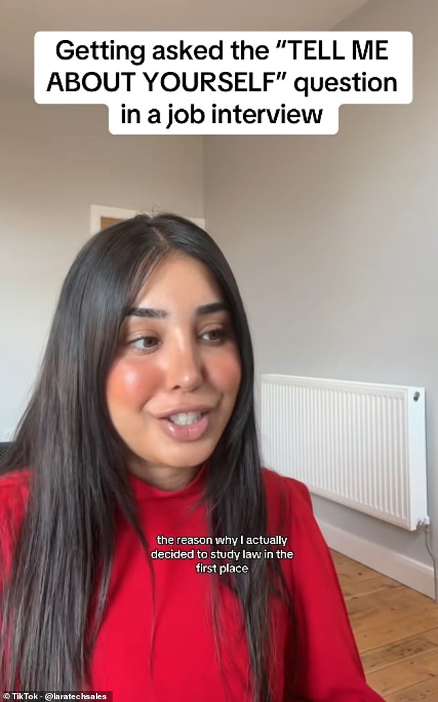 Career influencer Lara (pictured), who goes by @laratechsales on the TikTok, tells candidates to use the 'triple P framework' when asked: 'Tell me about yourself'