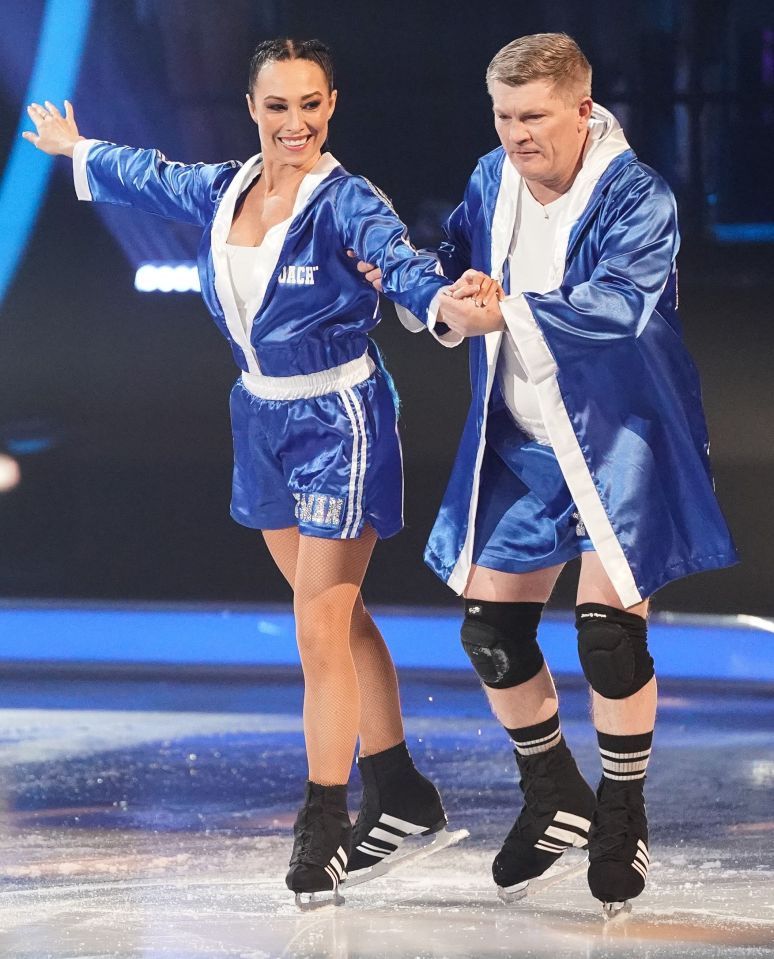 Ricky Hatton and Robin Johnstone ice skating in boxing attire on Dancing on Ice.