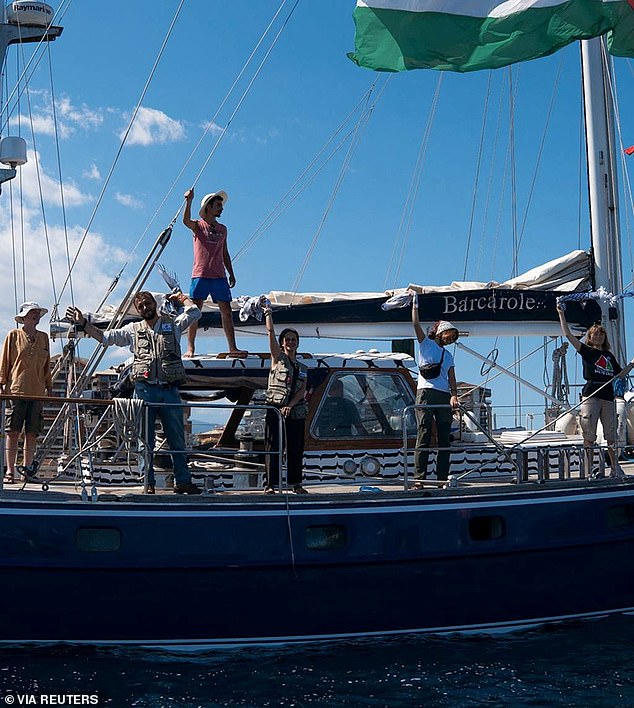 Greta Thunberg and crew stand aboard the aid ship Madleen, which left the Italian port of Catania on June 1 to travel to Gaza to deliver humanitarian aid