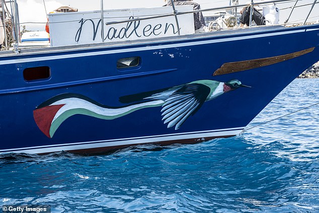 The bow of the Madleen ship, featuring an illustration inspired by the Palestinian flag, ready to set off from the port of San Giovanni Li Cuti on June 1, 2025 in Catania, Italy