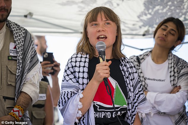 Greta Thunberg had been due to board a different Freedom Flotilla ship last month, but that attempt to reach Gaza by sea failed after another of the group's vessels was attacked near Malta. She is pictured speaking at a press conference before the Madleen departed Catania, Italy on Sunday