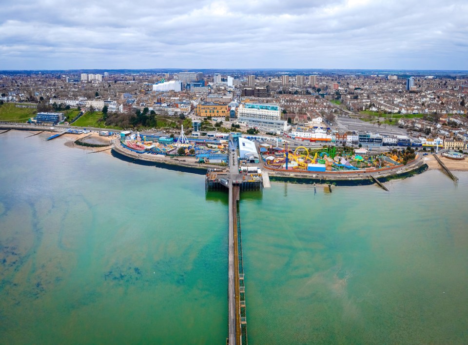 Aerial view of Southend Pier and surrounding area.
