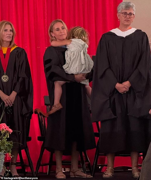 Meyers praised his wife for 'crushing' her commencement address while 'also putting on a motherhood clinic without missing a beat'