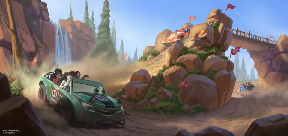 Illustration of a family riding in a green off-road vehicle through a rocky, mountainous landscape.