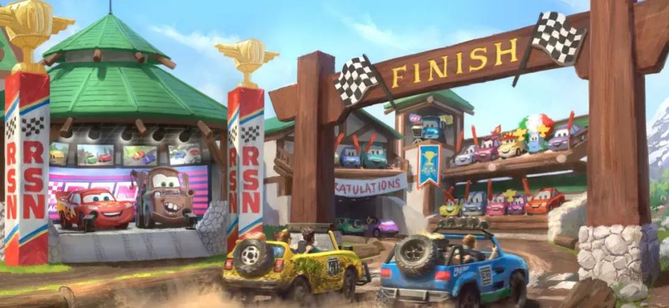 Illustration of a Cars-themed race finish line with Lightning McQueen and Mater.