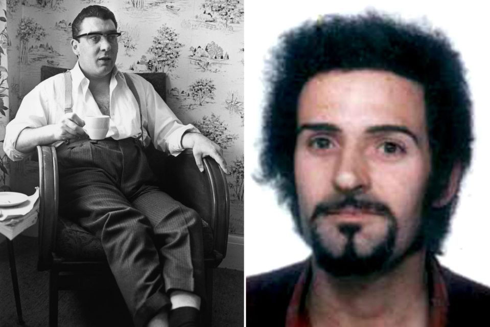 An image collage containing 2 images, Image 1 shows Black and white photo of Ronnie Kray holding a teacup while sitting in a chair, Image 2 shows Undated photo of Peter Sutcliffe, the Yorkshire Ripper