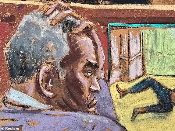 Sean "Diddy" Combs watches as forensic video expert Frank Piazza testifies about the time stamps on surveillance footage of the 2016 InterContinental Hotel altercation during Combs' sex trafficking trial in New York City, New York, U.S., June 4, 2025 in this courtroom sketch. REUTERS/Jane Rosenberg