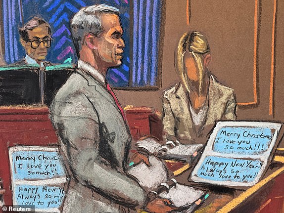 Brian Steel, Sean "Diddy" Combs' defense lawyer, questions witness "Mia" as she testifies in Combs' sex trafficking trial in New York City, New York, U.S., June 2, 2025 in this courtroom sketch. REUTERS/Jane Rosenberg