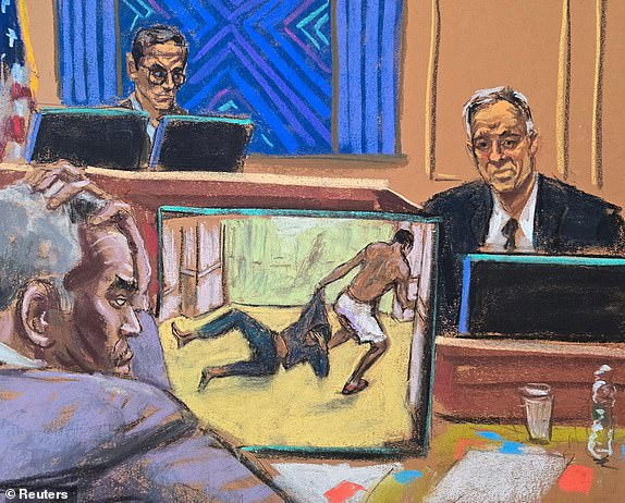 Forensic video expert Frank Piazza testifies about the time stamps on surveillance footage of the 2016 InterContinental Hotel altercation before U.S. District Judge Arun Subramanian during Sean "Diddy" Combs' sex trafficking trial in New York City, New York, U.S., June 4, 2025 in this courtroom sketch. REUTERS/Jane Rosenberg