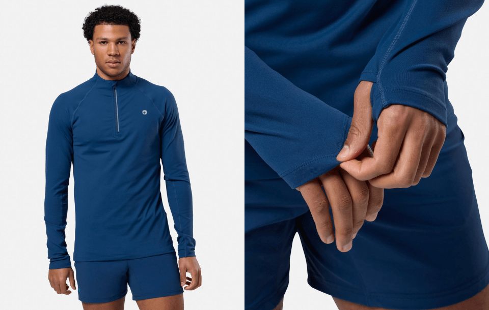 Man modeling a long-sleeve shirt and shorts.