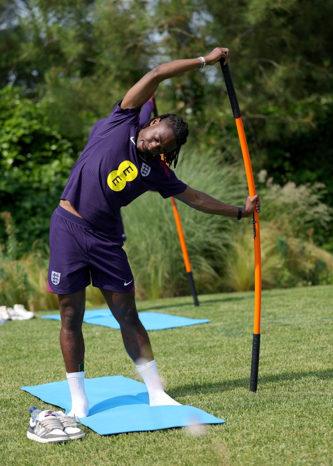 Eberechi Eze stretching during England team practice.