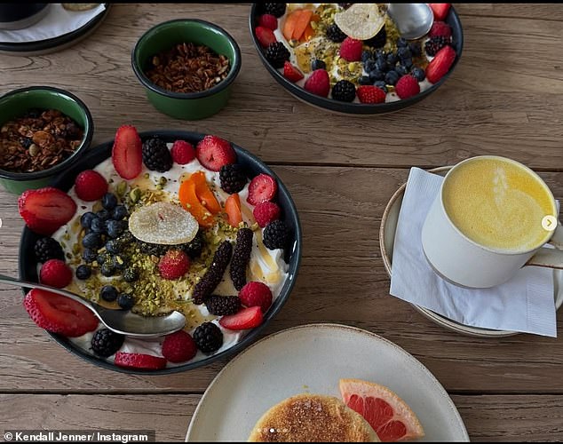 The meal consisted of fresh berries, that included raspberries, strawberries and blackberries. She added Matcha green tea powder, a few small nuts and a splash of Greek yogurt