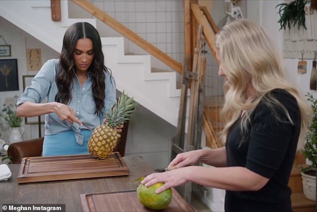 Meghan was recently mocked for 'stating the obvious' after she shared a deleted scene from her Netflix show With Love, Meghan which showed her demonstrating the best way to cut a pineapple