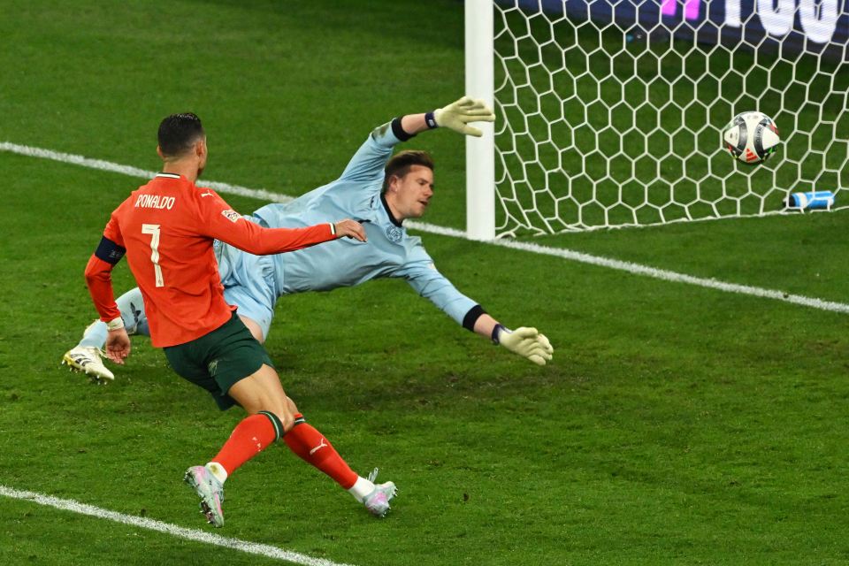 Cristiano Ronaldo scoring a goal during a soccer match.