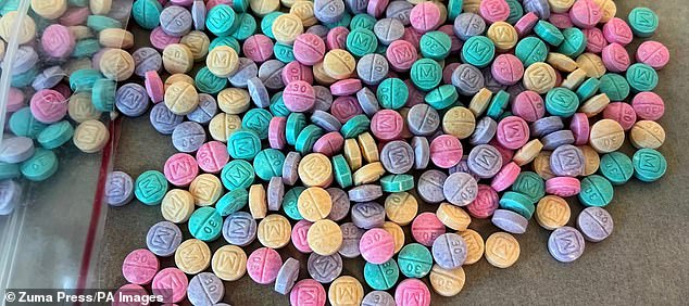 Experts told Daily Mail that fentanyl is often produced in China and shipped to Mexico, where it is pressed into pills (pictured here)