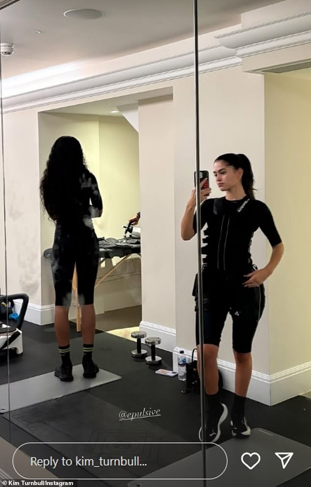 Meanwhile as Romeo headed on a night out, Kim took to Instagram to share she had visited the gym as she shared a mirror selfie in her workout attire