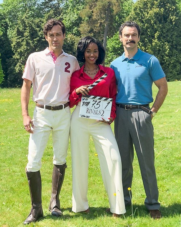 Rivals cast kick off series two filming as they beam in behind-the-scenes pics from Disney+ set in May (pictured Nafessa Williams, Alex Hassell and Adrian Turner)