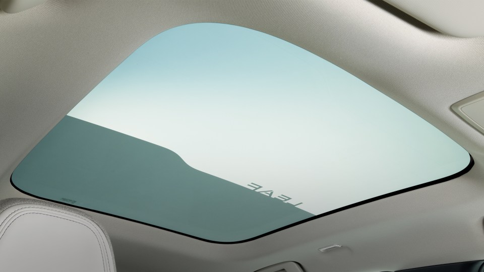 Car sunroof with "Tesla" logo etched into the glass.