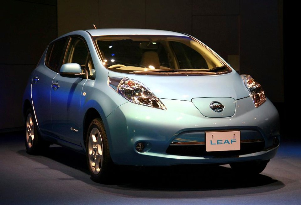 Nissan Leaf electric car at a press preview.