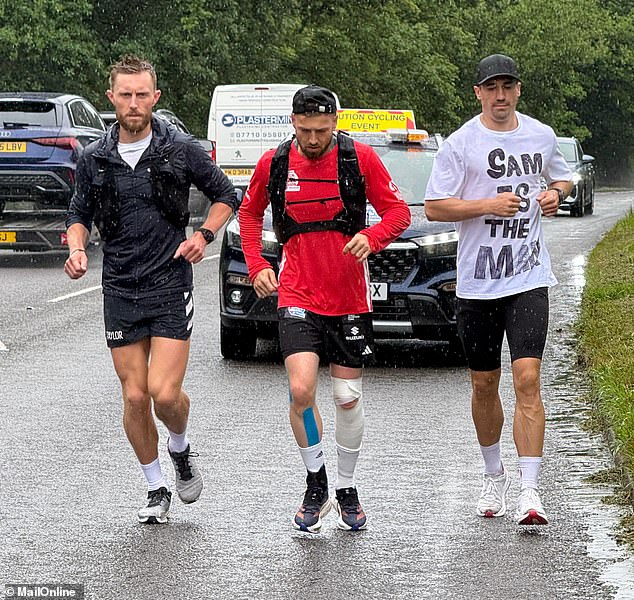 The Made In Chelsea star has battled a nasty calf injury to continue his 260-mile journey to transport the Soccer Aid matchball from London to Manchester