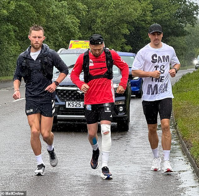 As he kicked off the fourth day of his challenge, Sam battled the elements as he ran to the first checkpoint with pal Josh