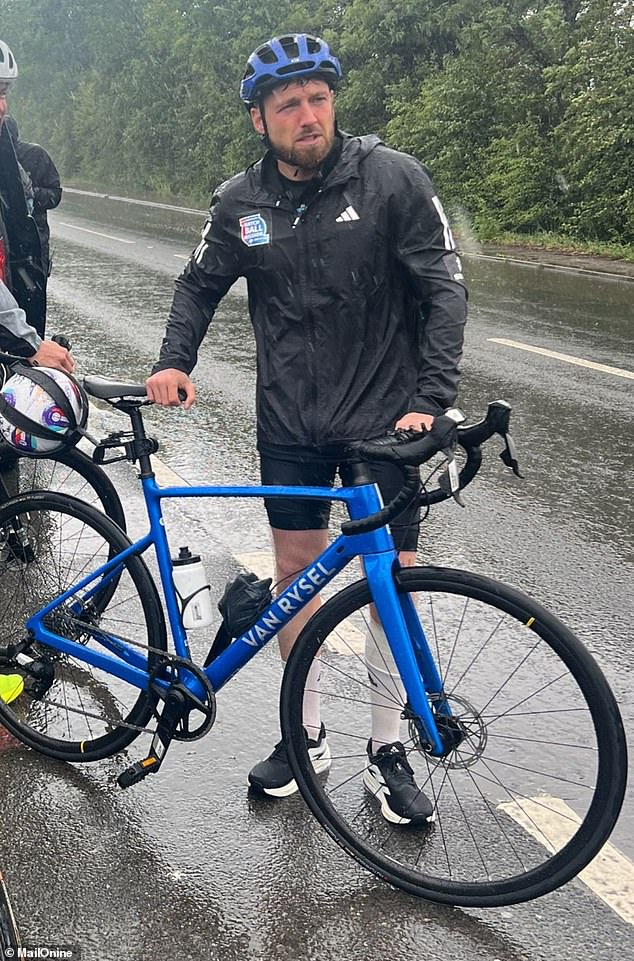The TV star has been given the task to travel a mammoth 260-mile journey on both bike and foot to deliver the match ball to its new home in Old Trafford (pictured on Tuesday)