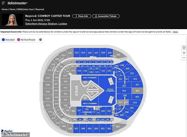 But at the time of writing on Thursday there are still 539 free seats left in the stadium which holds around 62,000 people for concerts (blue areas have free seats in them)